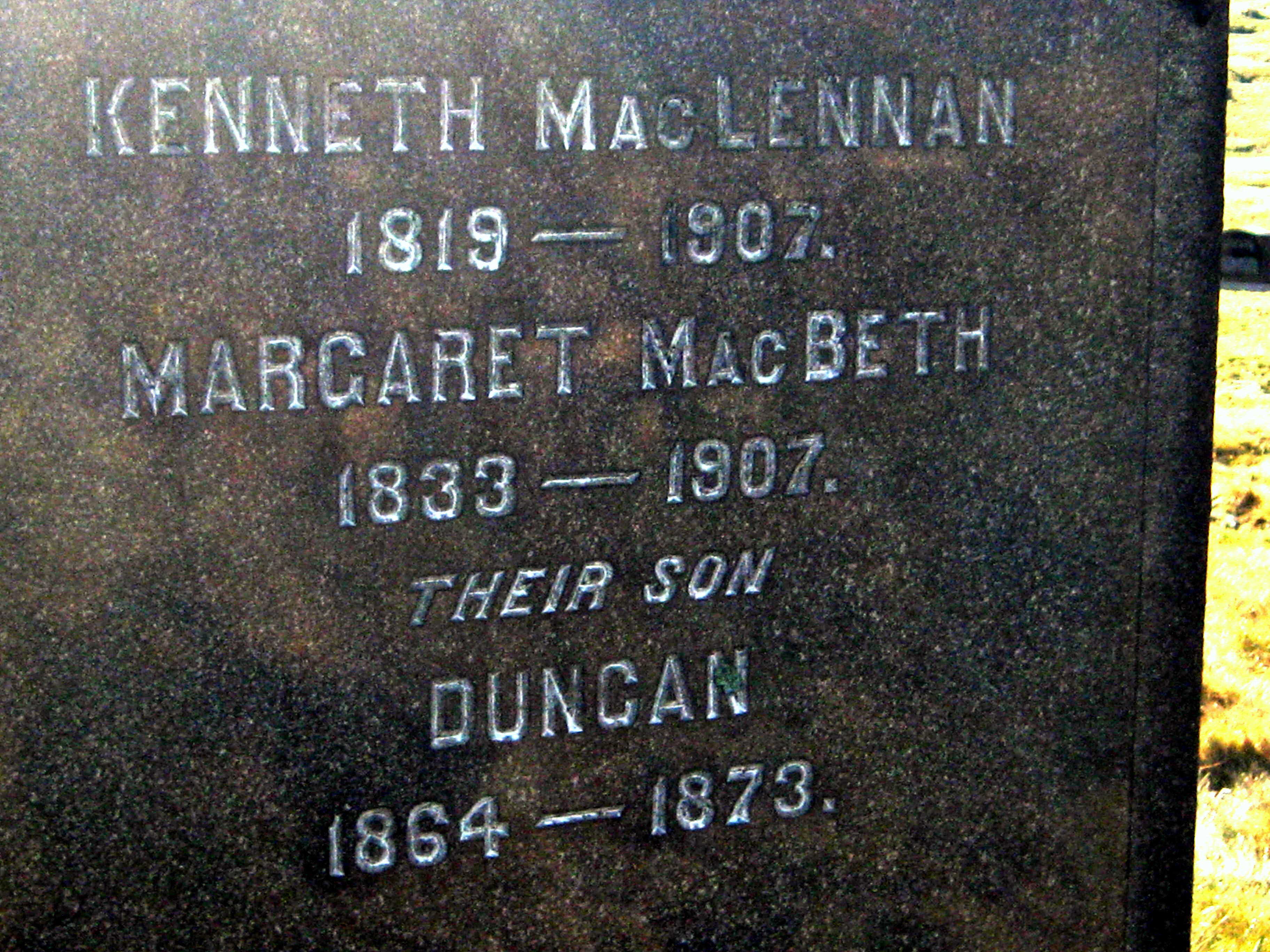 Photo of headstones/Kenneth MacLennan 1819 - 1907 hdstn